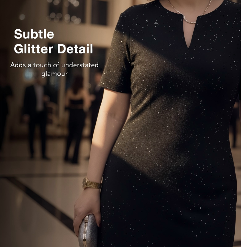 🧡Nouveauté🔥Robe classique noire à manches courtes et col en V scintillante