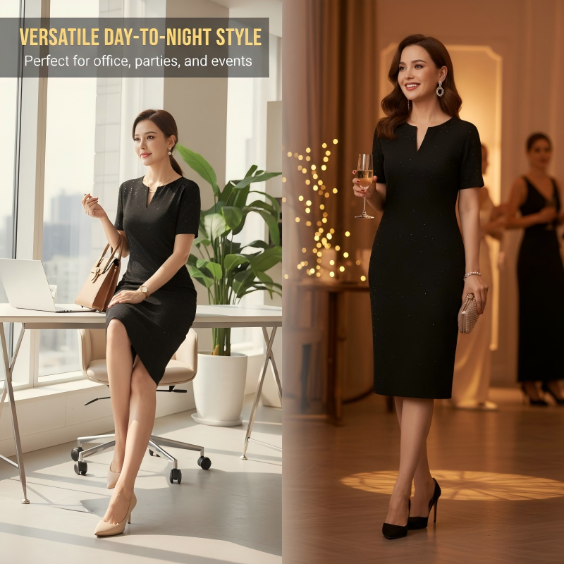 🧡Nouveauté🔥Robe classique noire à manches courtes et col en V scintillante