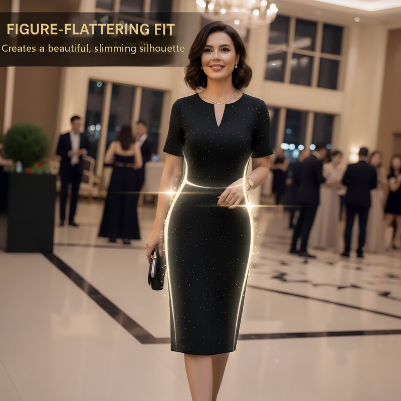 🧡Nouveauté🔥Robe classique noire à manches courtes et col en V scintillante