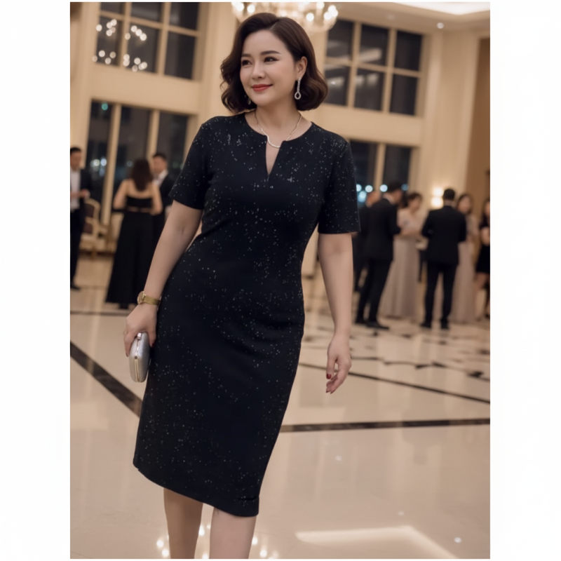 🧡Nouveauté🔥Robe classique noire à manches courtes et col en V scintillante