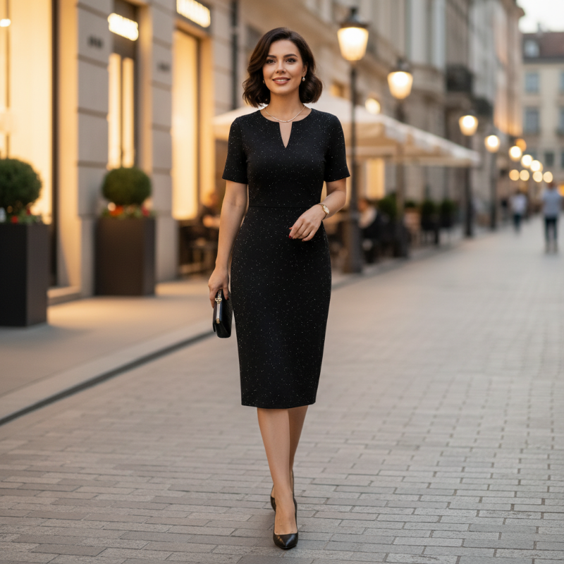 🧡Nouveauté🔥Robe classique noire à manches courtes et col en V scintillante