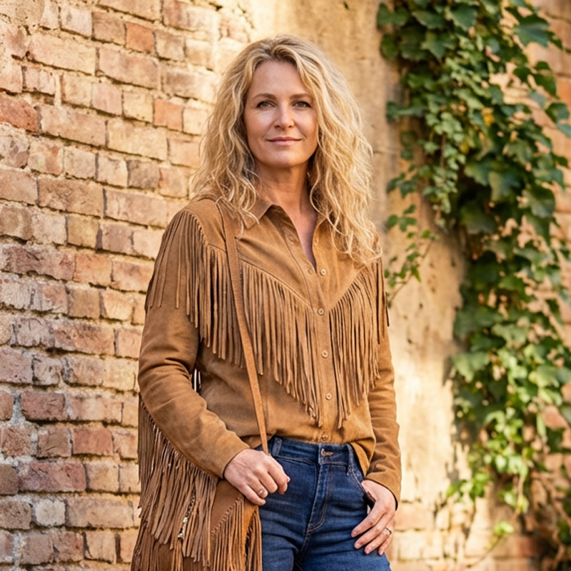 Veste en faux daim à pompons pour femme