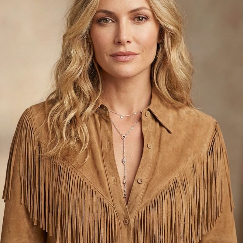 Veste en faux daim à pompons pour femme