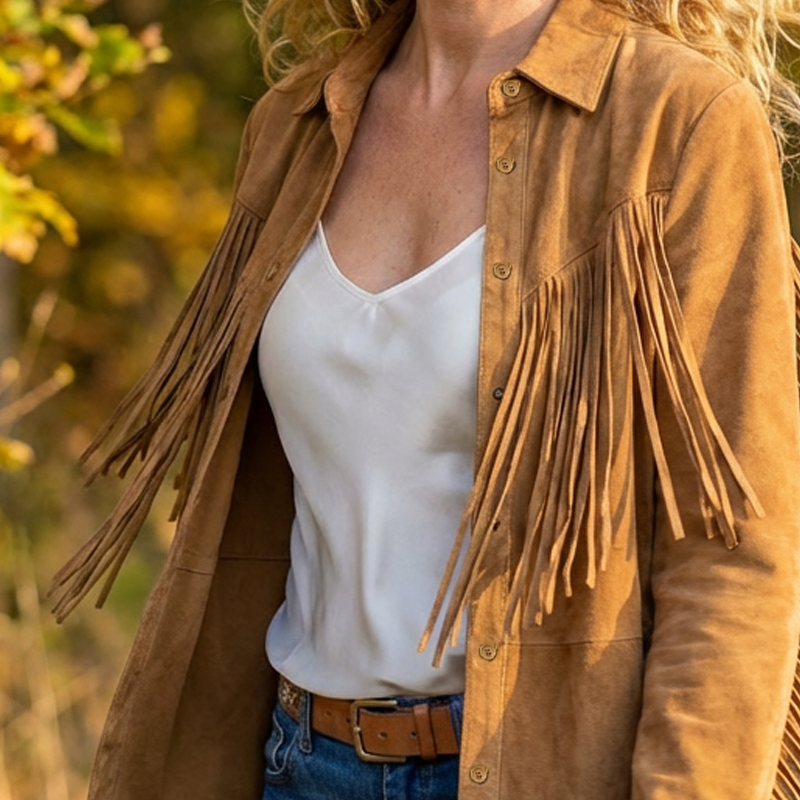 Veste en faux daim à pompons pour femme