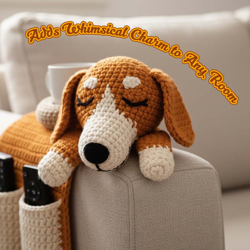 🐶 60% de réduction! 🛋️ Organisateur de Fauteuil en Forme de Chien – Multi-poches, Porte-gobelet Anti-débordement & Crocheté à la Main ✨