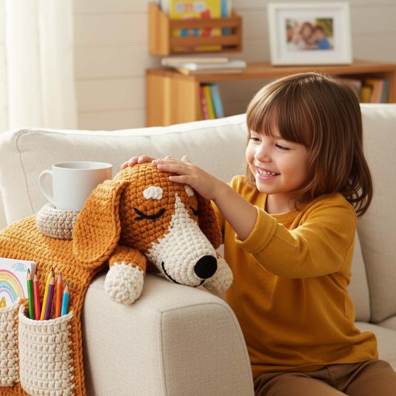 🐶 60% de réduction! 🛋️ Organisateur de Fauteuil en Forme de Chien – Multi-poches, Porte-gobelet Anti-débordement & Crocheté à la Main ✨