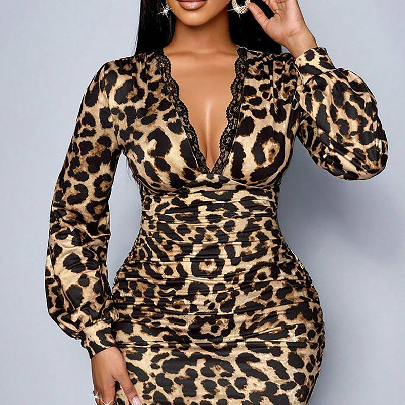 📢📢60 % DE RÉDUCTION !! ⏰Robe mi-longue en dentelle léopard à col V et manches lanternes pour femme