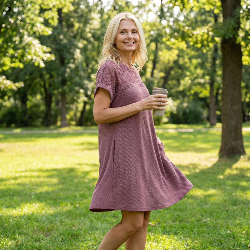 Robe trapèze à manches courtes en dentelle patchwork pour femme