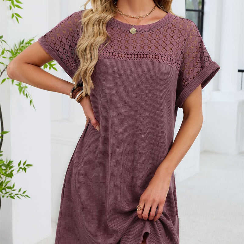 Robe trapèze à manches courtes en dentelle patchwork pour femme