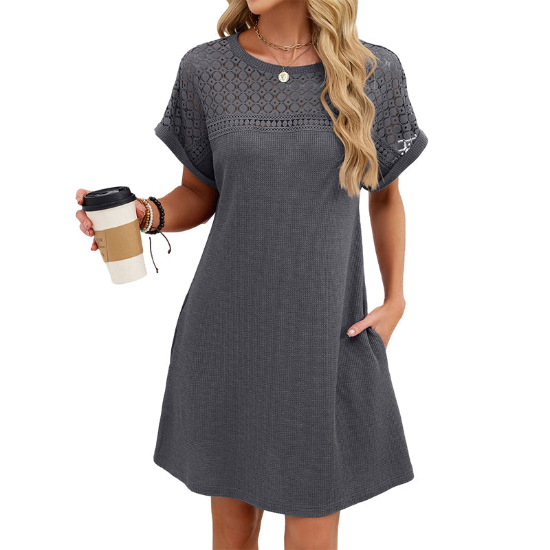 Robe trapèze à manches courtes en dentelle patchwork pour femme