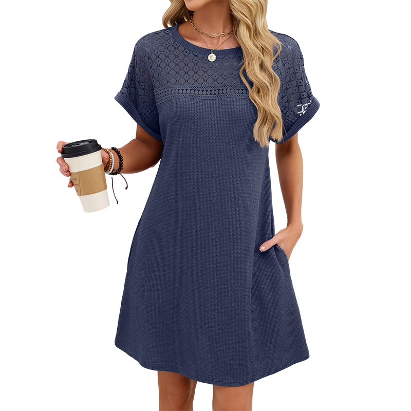 Robe trapèze à manches courtes en dentelle patchwork pour femme