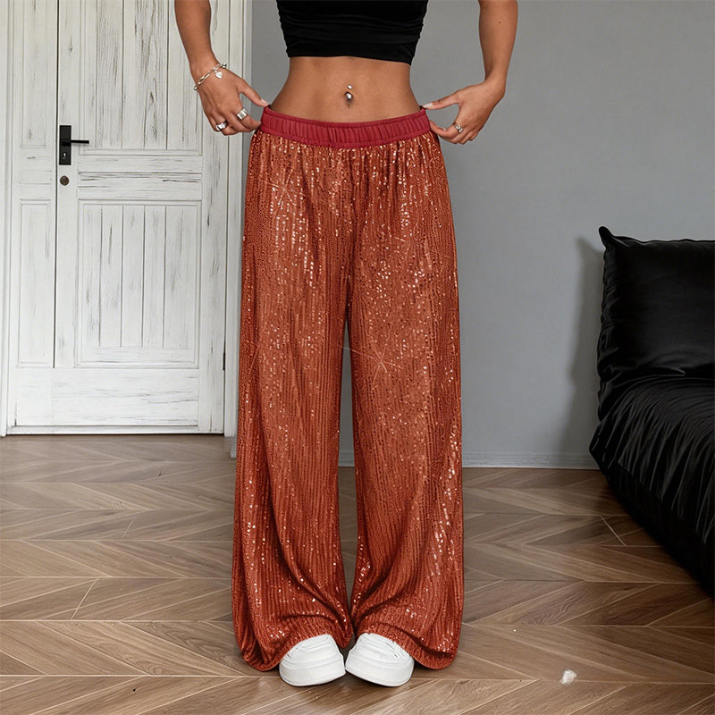 Pantalon large à paillettes pour femme avec taille élastique