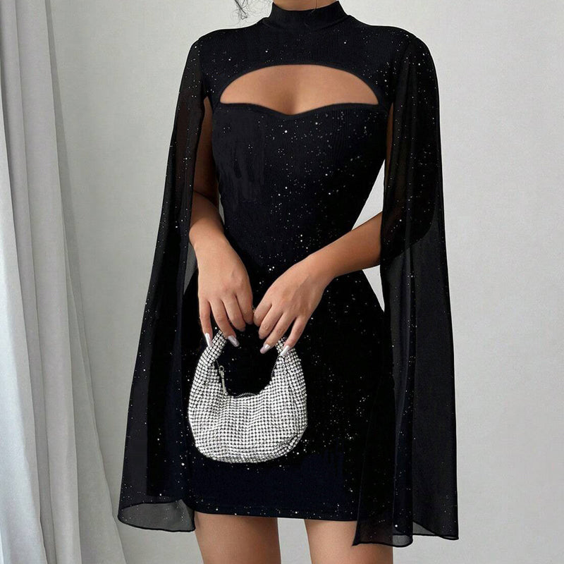 Robe côtelée à découpes pour femme avec cape en mousseline