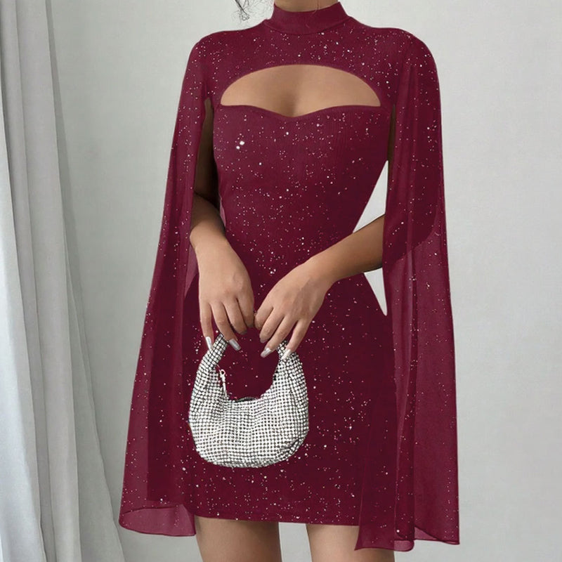 Robe côtelée à découpes pour femme avec cape en mousseline