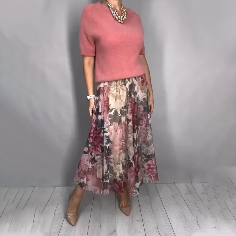 Ensemble 2 pièces élégant composé d'un haut en maille à fleurs et d'une jupe midi