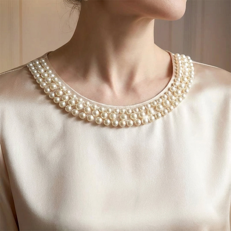 🔥Nouveautés🔥Haut élégant en satin à col rond et perles synthétiques pour femme