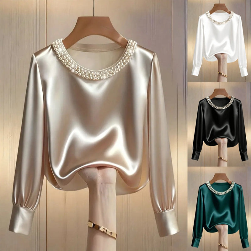 🔥Nouveautés🔥Haut élégant en satin à col rond et perles synthétiques pour femme