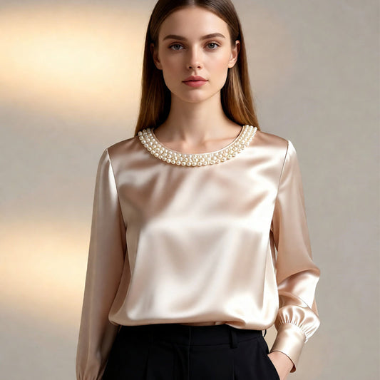 🔥Nouveautés🔥Haut élégant en satin à col rond et perles synthétiques pour femme