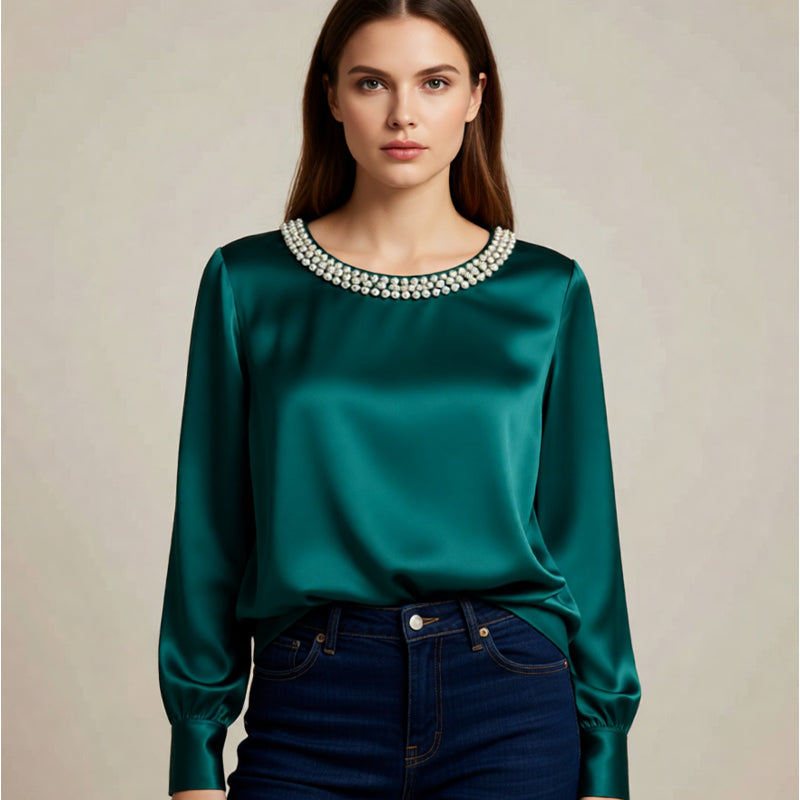 🔥Nouveautés🔥Haut élégant en satin à col rond et perles synthétiques pour femme