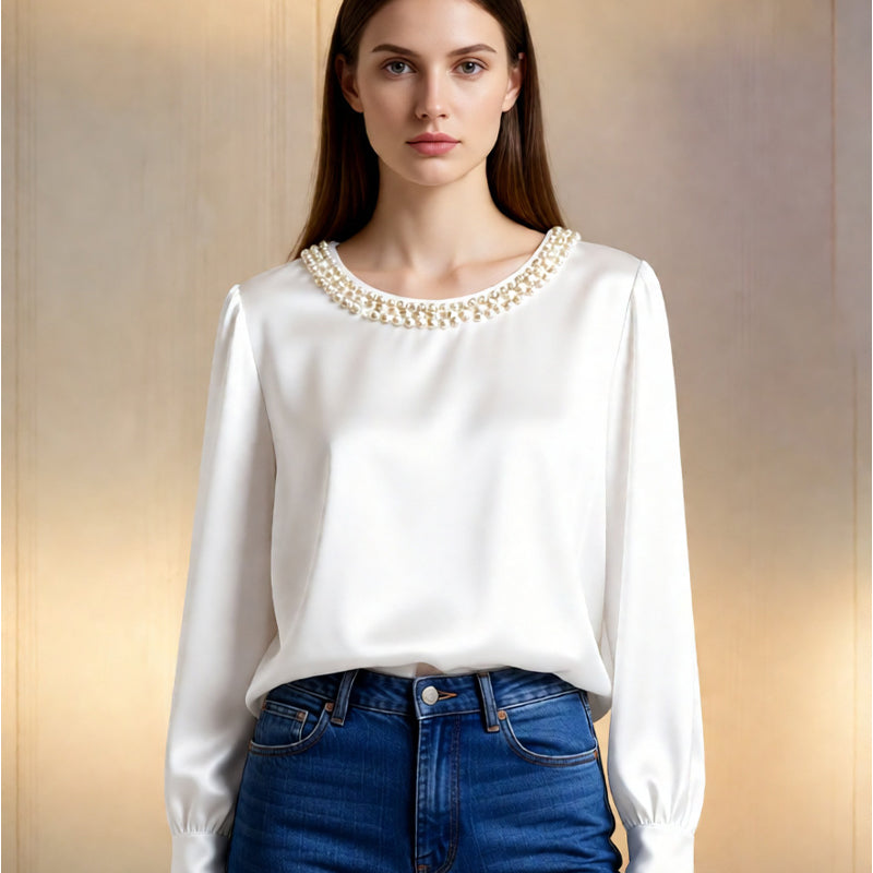 🔥Nouveautés🔥Haut élégant en satin à col rond et perles synthétiques pour femme