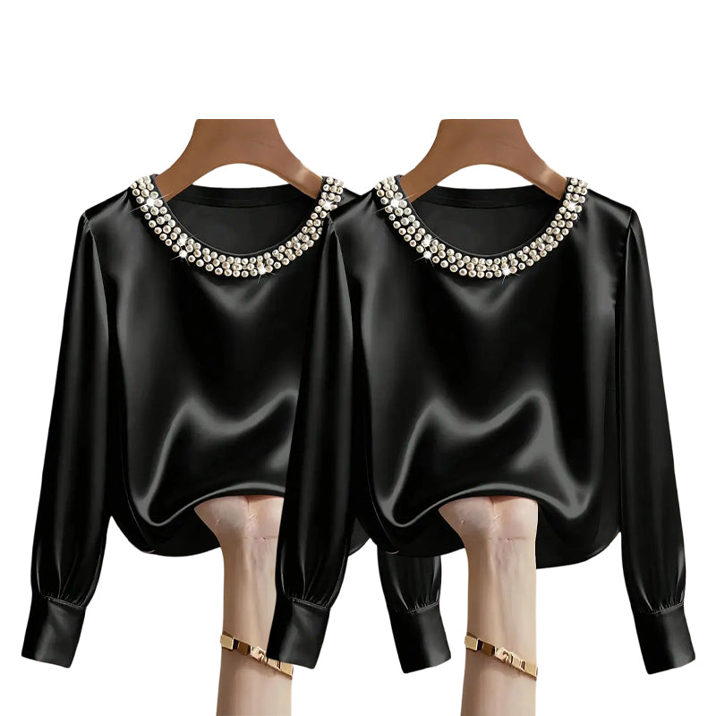 🔥Nouveautés🔥Haut élégant en satin à col rond et perles synthétiques pour femme