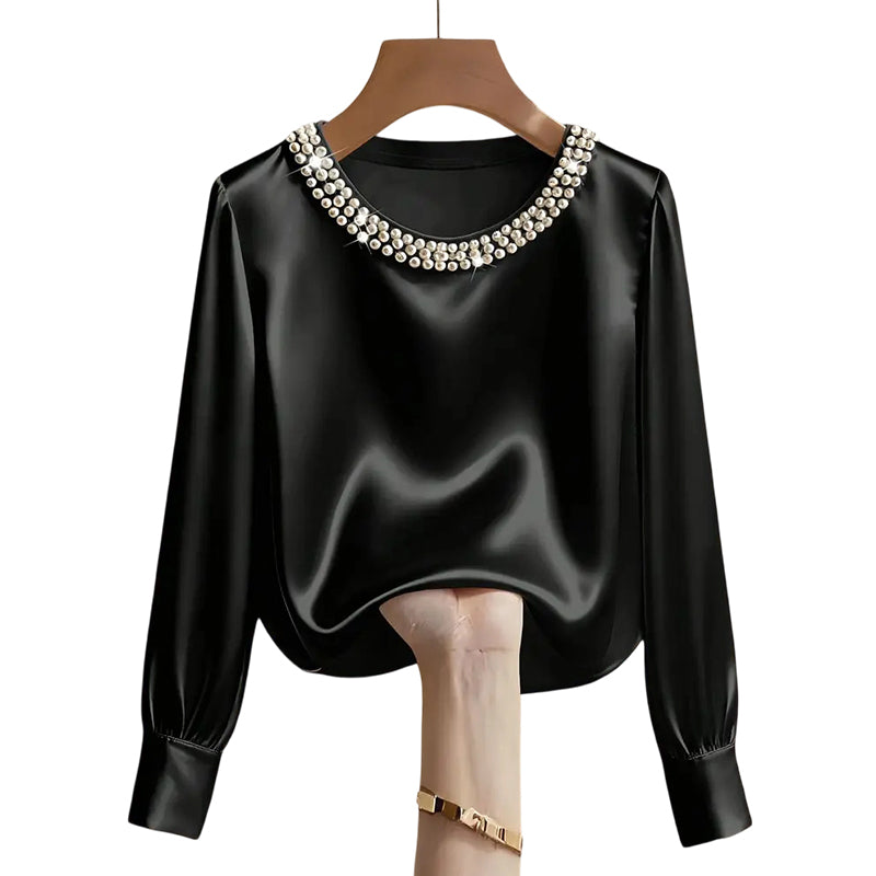 🔥Nouveautés🔥Haut élégant en satin à col rond et perles synthétiques pour femme