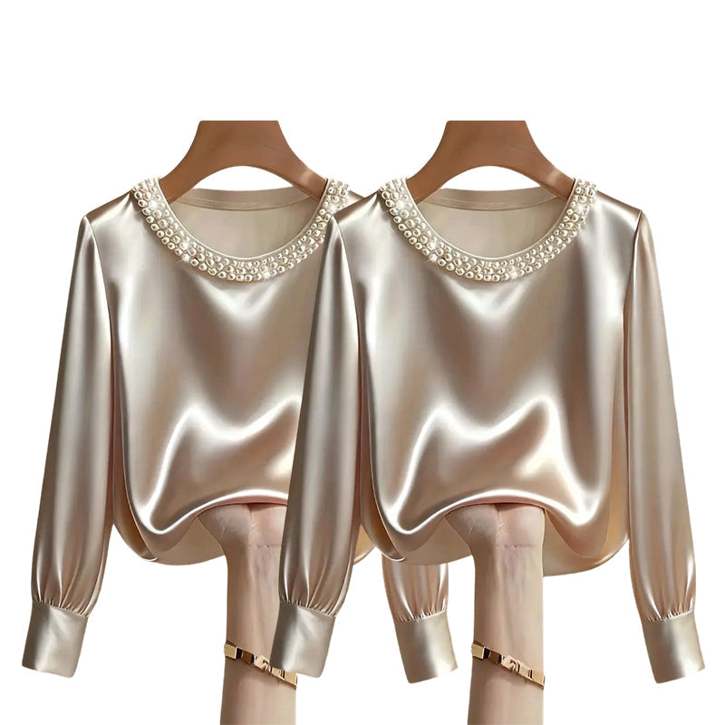 🔥Nouveautés🔥Haut élégant en satin à col rond et perles synthétiques pour femme