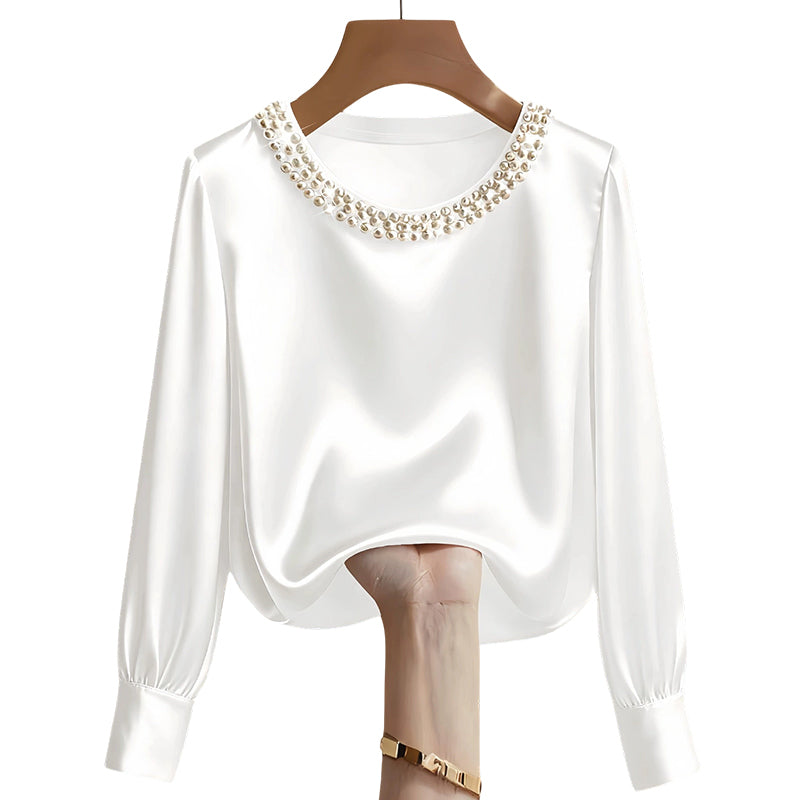 🔥Nouveautés🔥Haut élégant en satin à col rond et perles synthétiques pour femme