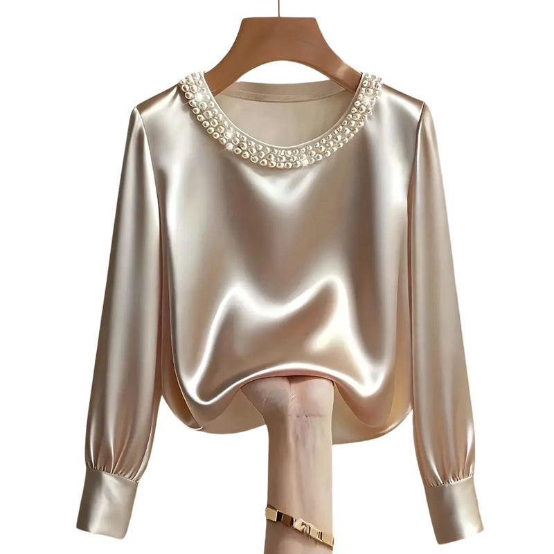 🔥Nouveautés🔥Haut élégant en satin à col rond et perles synthétiques pour femme