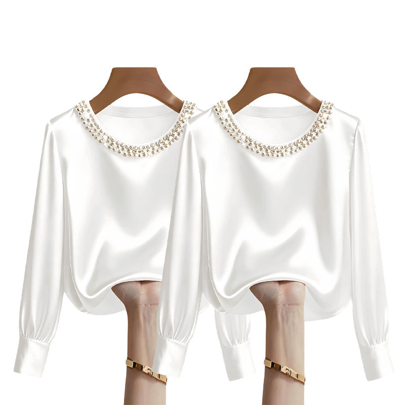 🔥Nouveautés🔥Haut élégant en satin à col rond et perles synthétiques pour femme