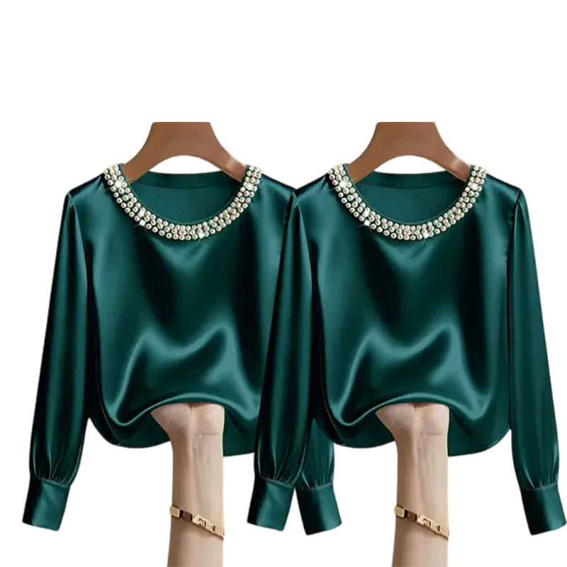 🔥Nouveautés🔥Haut élégant en satin à col rond et perles synthétiques pour femme