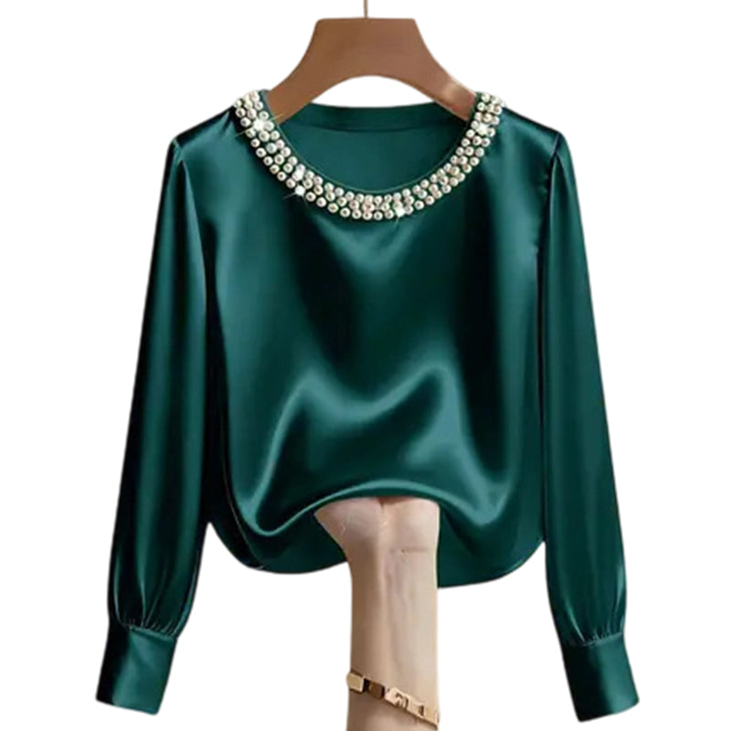 🔥Nouveautés🔥Haut élégant en satin à col rond et perles synthétiques pour femme