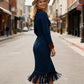 Robe midi à manches longues et ourlet à franges pour femme