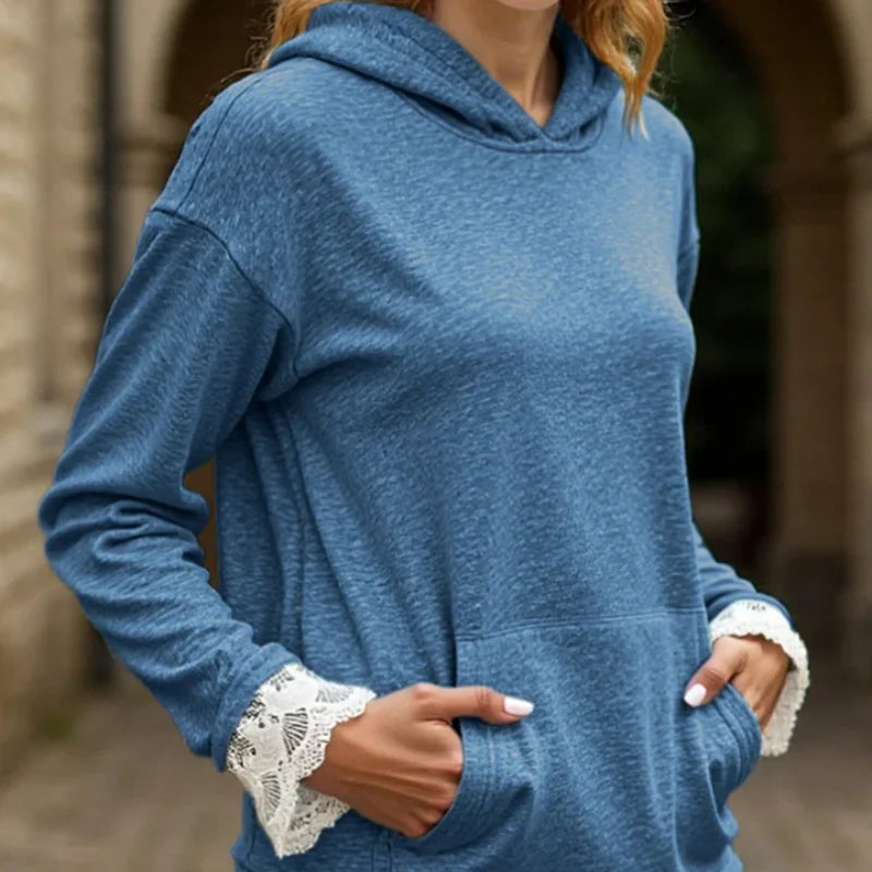 Sweat à capuche à manches longues pour femme avec bordure en dentelle