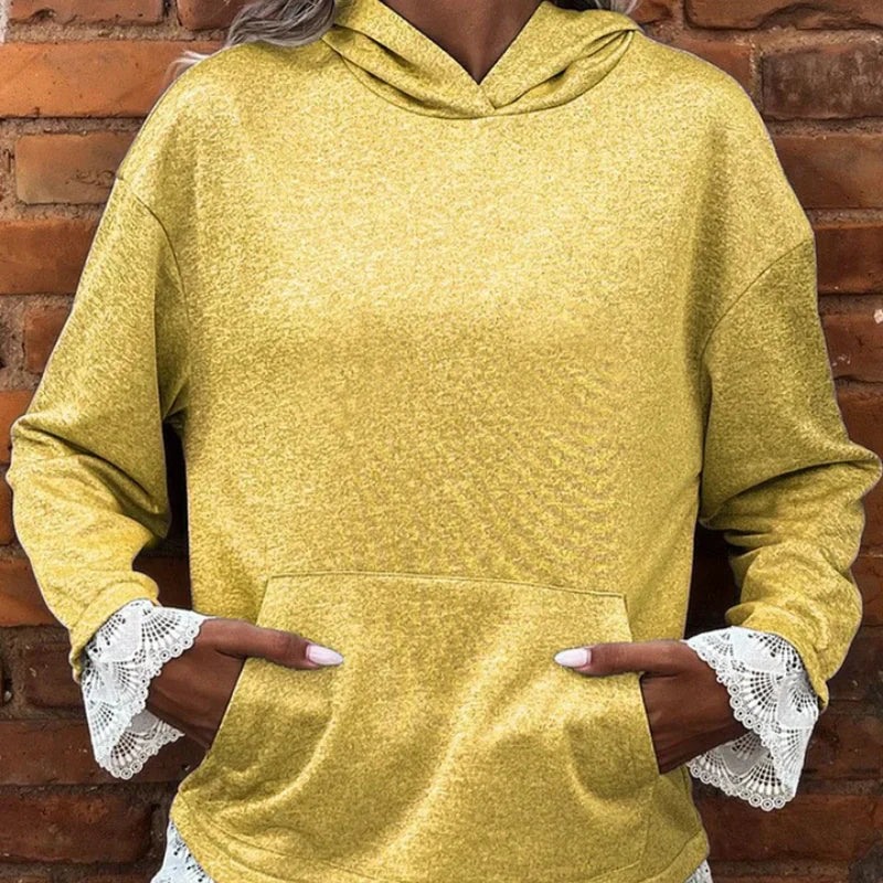 Sweat à capuche à manches longues pour femme avec bordure en dentelle