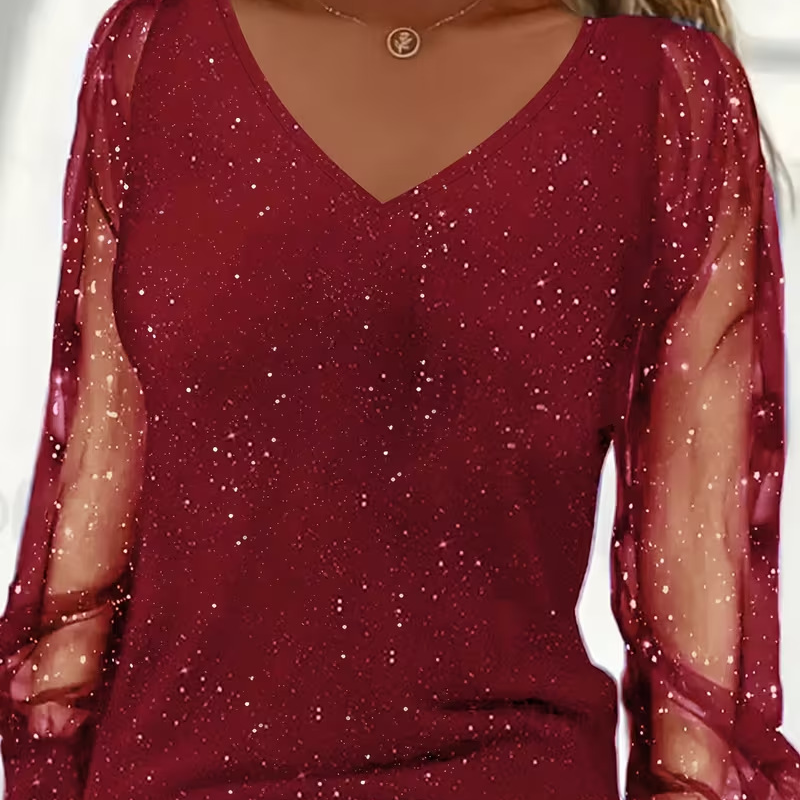 Haut à manches transparentes et encolure en V Sparkle pour femme