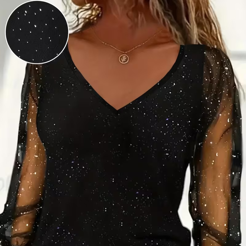 Haut à manches transparentes et encolure en V Sparkle pour femme