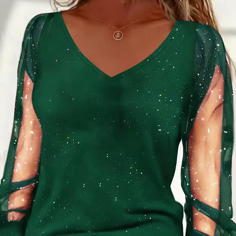 Haut à manches transparentes et encolure en V Sparkle pour femme
