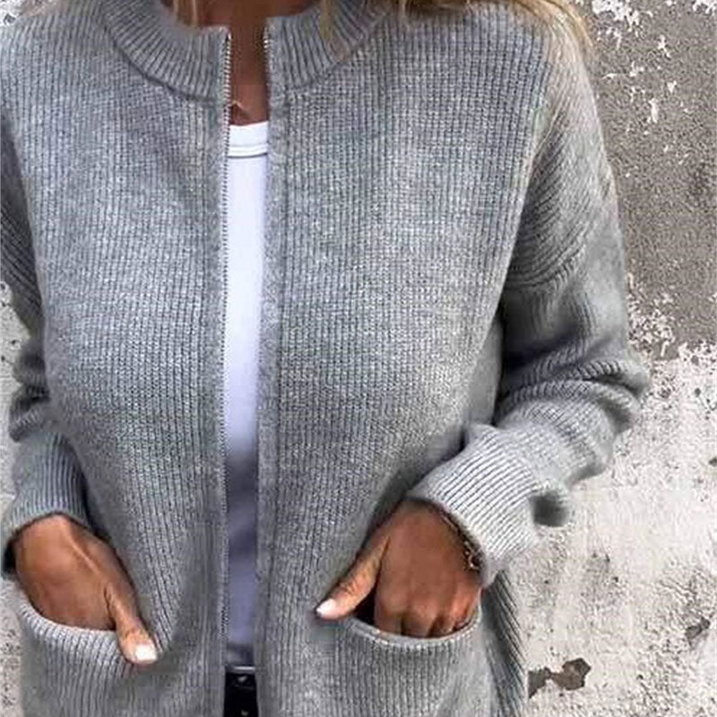 Veste tricotée confortable à fermeture éclair pour femmes
