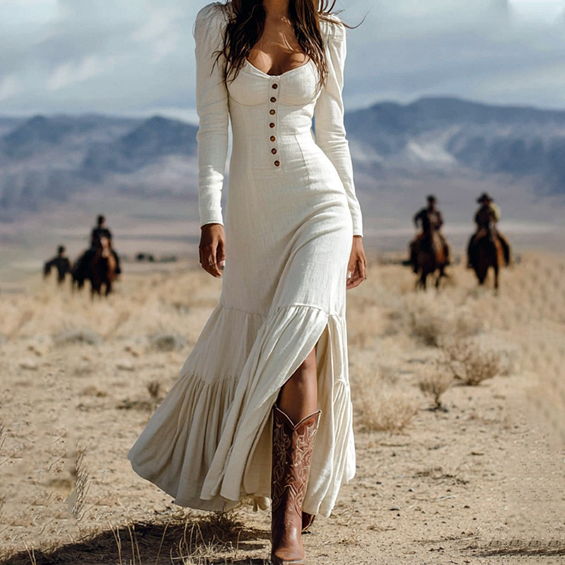 Robe longue rétro à encolure carrée et fente pour femme