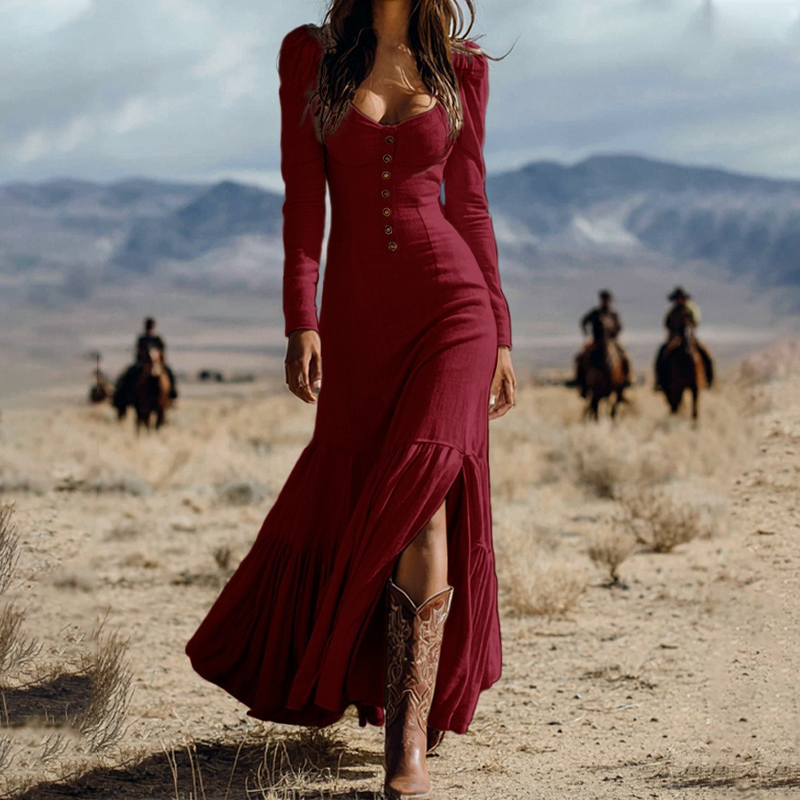 Robe longue rétro à encolure carrée et fente pour femme