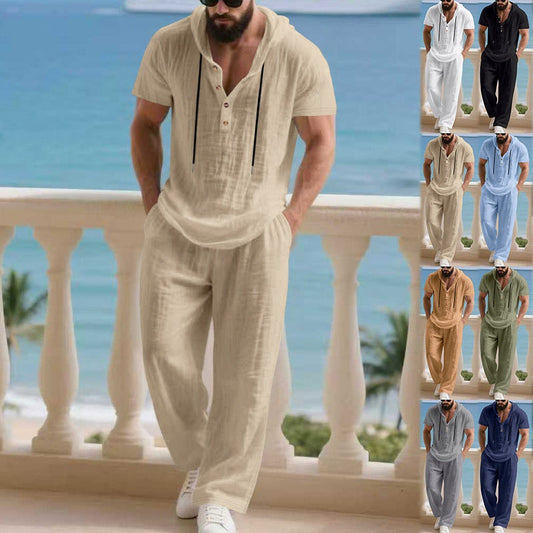 Ensemble deux pièces en lin pour homme : chemise Henley à capuche et pantalon