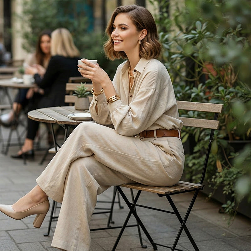 📢60 % DE RÉDUCTION !! ⏰ Du Bureau au Café | Ensemble Chemise Large & Pantalon Palazzo – Minimaliste, Confortable & Polyvalent 💼