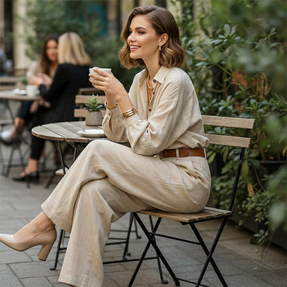 📢60 % DE RÉDUCTION !! ⏰ Du Bureau au Café | Ensemble Chemise Large & Pantalon Palazzo – Minimaliste, Confortable & Polyvalent 💼
