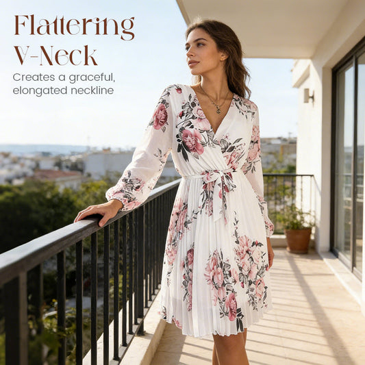 Robe femme à motif floral, encolure en V et plis