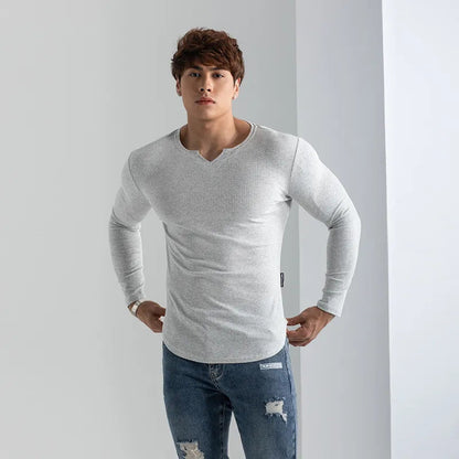 T-shirts longs à col en V et à côtes, manches longues, pour la salle de sport et l'entraînement, vêtements de sport pour homme