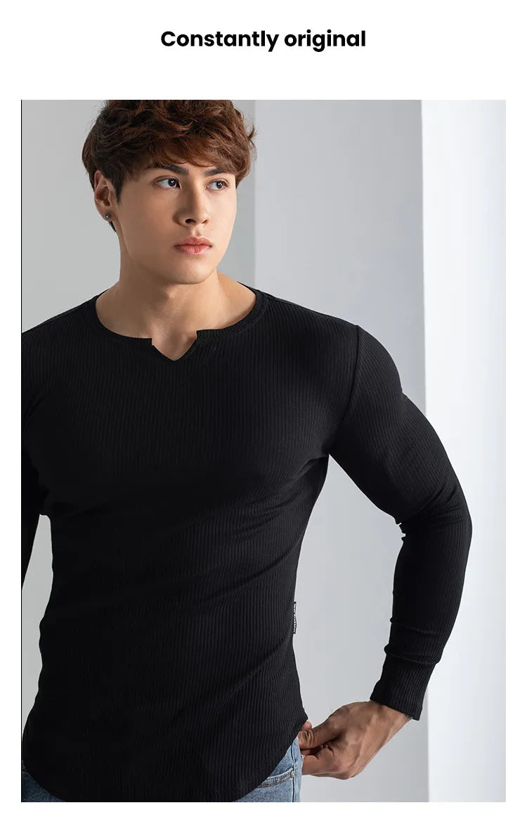 T-shirts longs à col en V et à côtes, manches longues, pour la salle de sport et l'entraînement, vêtements de sport pour homme