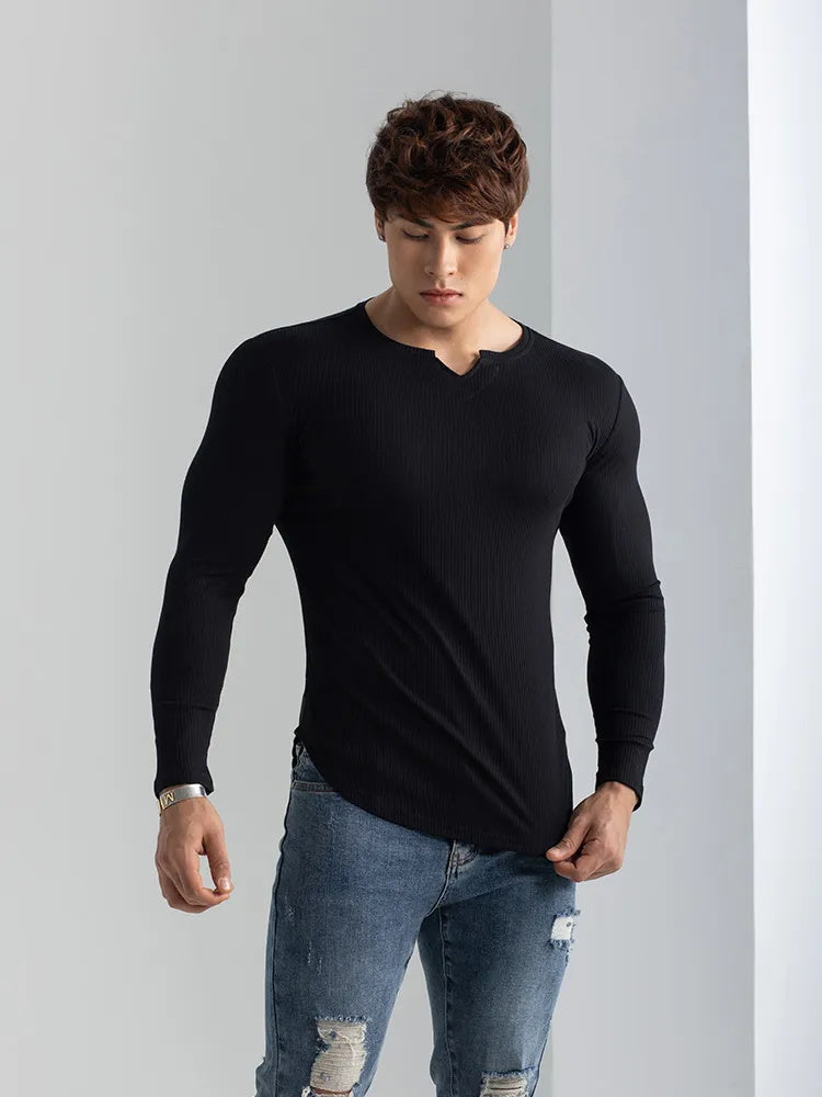 T-shirts longs à col en V et à côtes, manches longues, pour la salle de sport et l'entraînement, vêtements de sport pour homme
