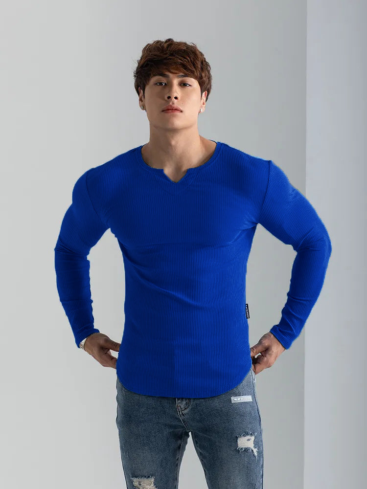 T-shirts longs à col en V et à côtes, manches longues, pour la salle de sport et l'entraînement, vêtements de sport pour homme