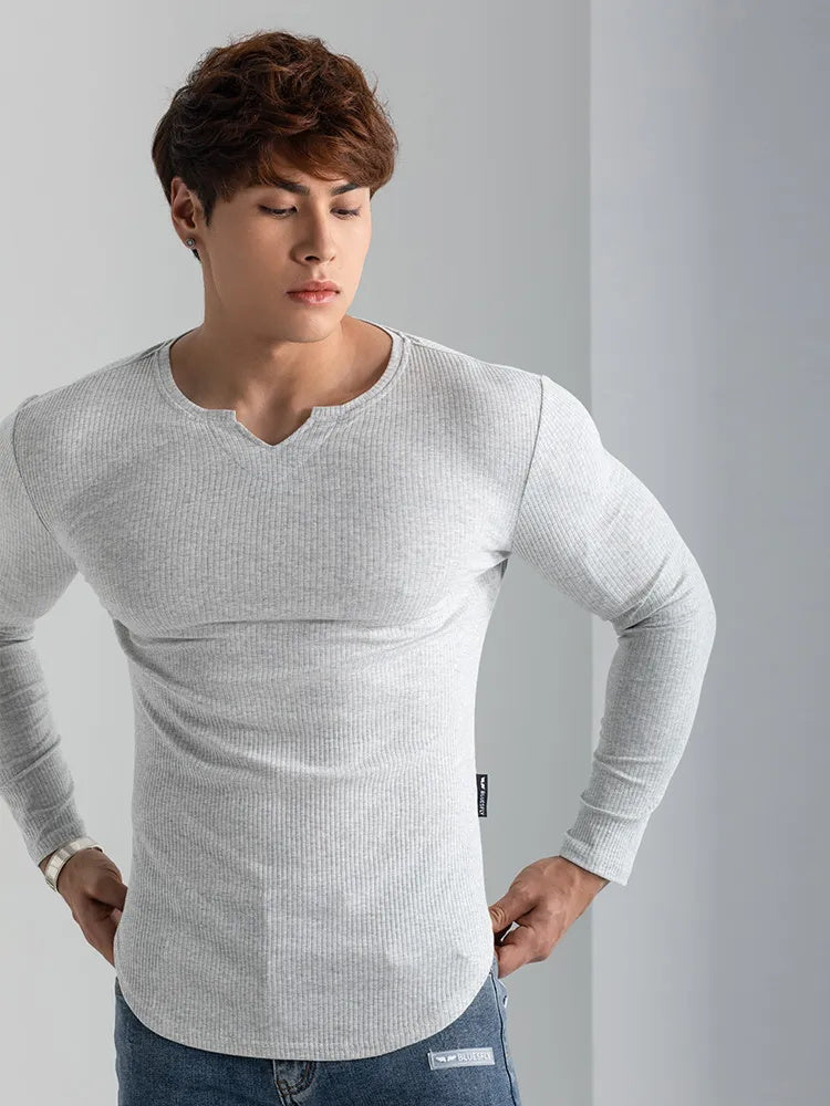 T-shirts longs à col en V et à côtes, manches longues, pour la salle de sport et l'entraînement, vêtements de sport pour homme